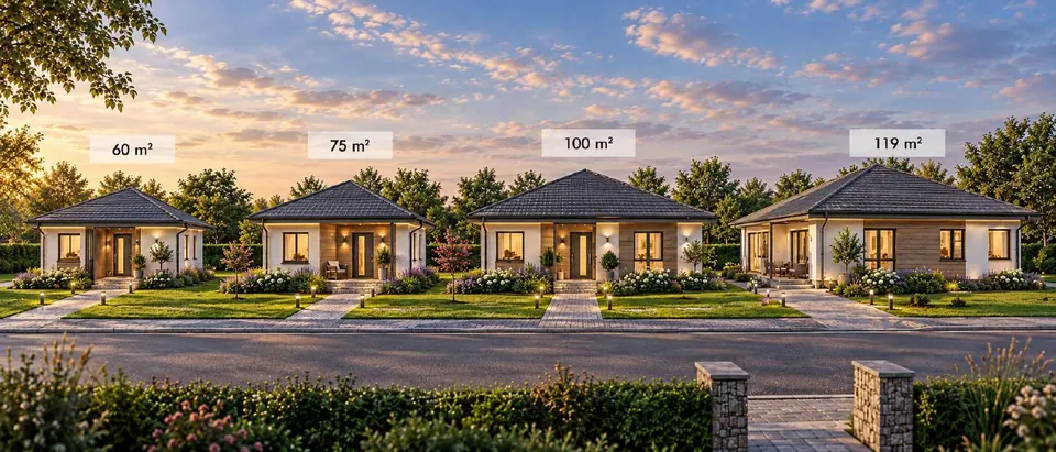 Single storey bungalows at dusk